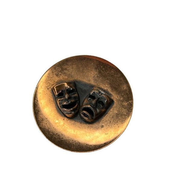 Vintage Copper Theater Drama Brooch Pin Happy Sad 1 7/8" Diameter - Picture 3 of 6